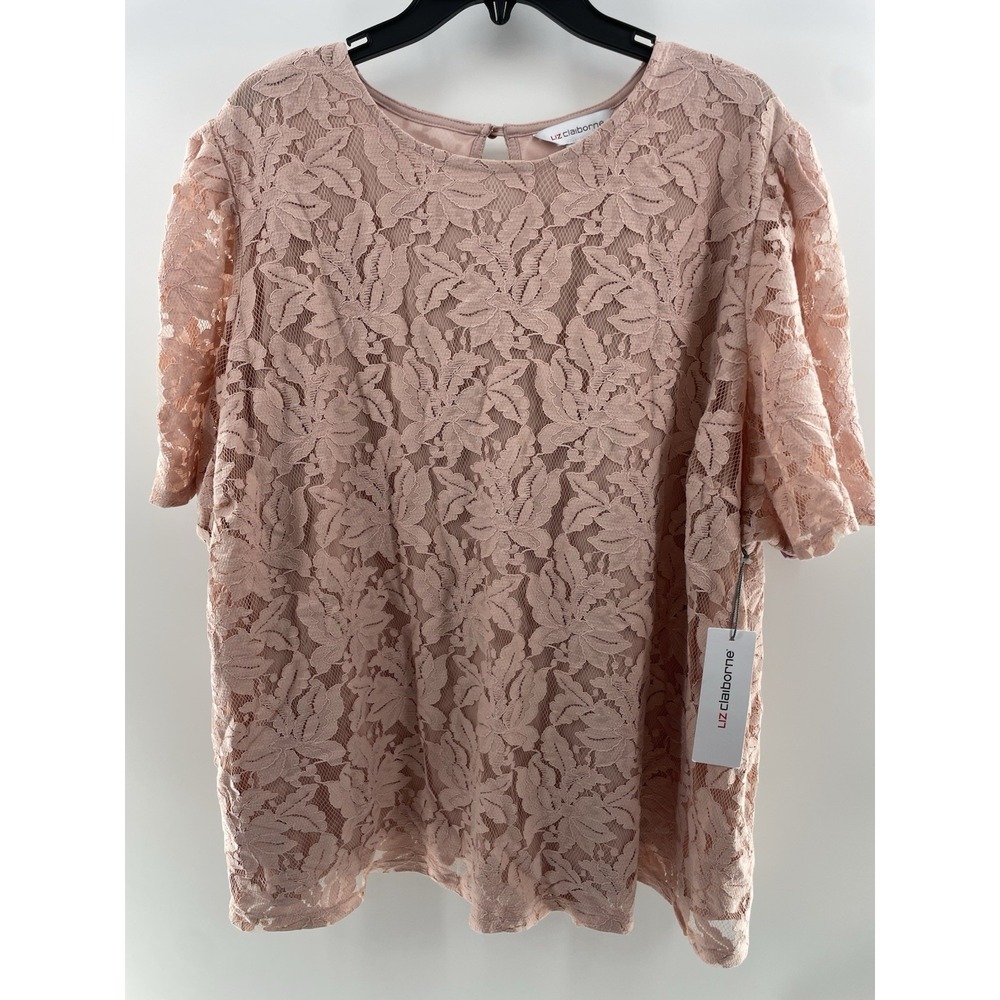 NEW Liz Claiborne Womens 3XL Pink Floral Lace Overlay Short Sleeve Soft‎ Blouse